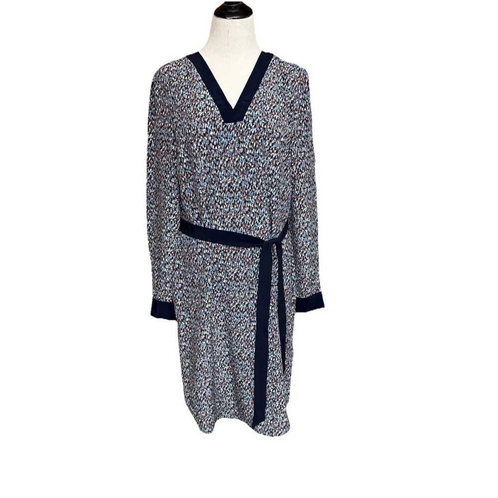 Jaeger 100% Silk Dress Women US 10 UK 12 Navy Trim Print Belted Lined V-Neck